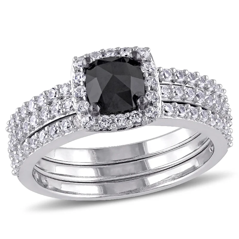 engagement rings with gemstones-Mimi & Max 3/4ct TW Black Cushion Cut Diamond Created White Sapphire Bridal Set 10k White Gold