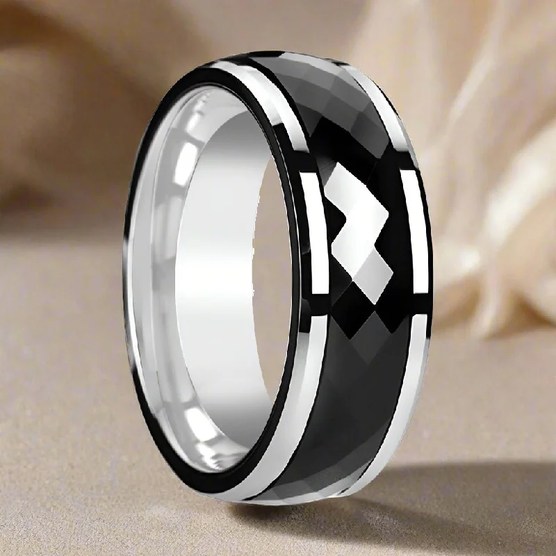 silver diamond rings for women-HICKOK | Silver Tungsten Ring, Black Ceramic Fidget Spinner, Diamond Faceted