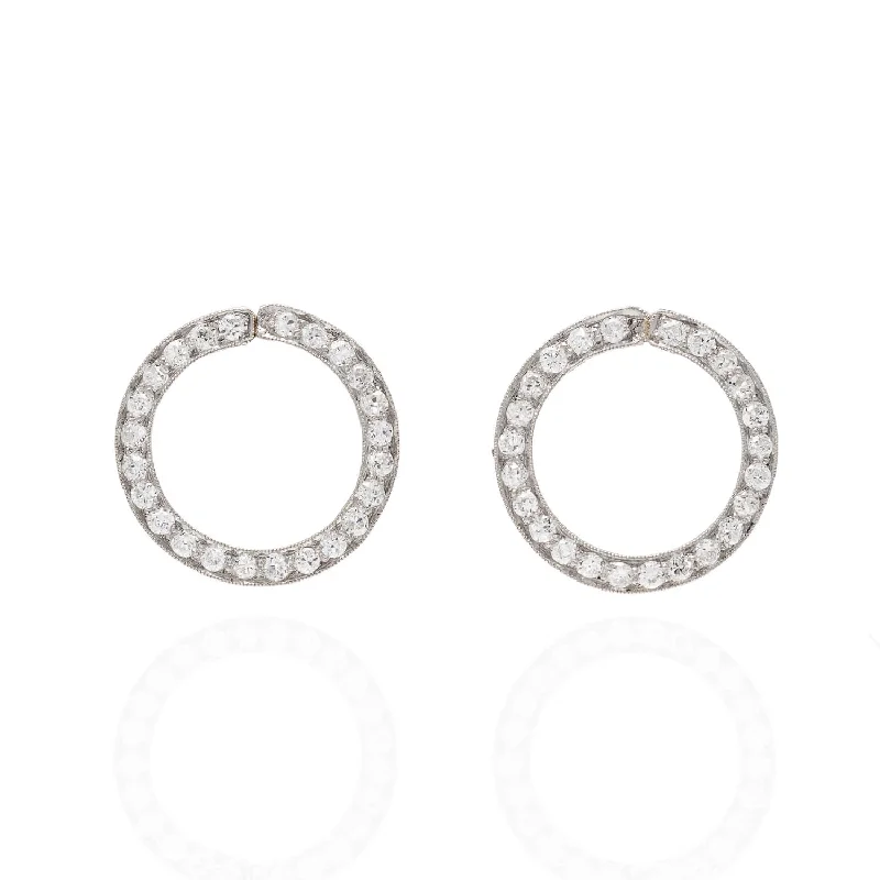 pearl earrings for women-Art Deco Platinum + Diamond Circle Earrings 2ctw