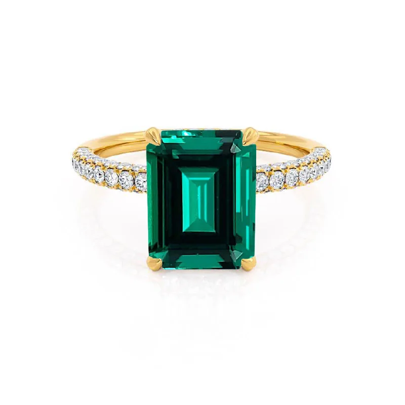 unique halo engagement rings-COCO - Chatham® Emerald & Diamond 18k Yellow Gold Petite Hidden Halo Triple Pavé Ring