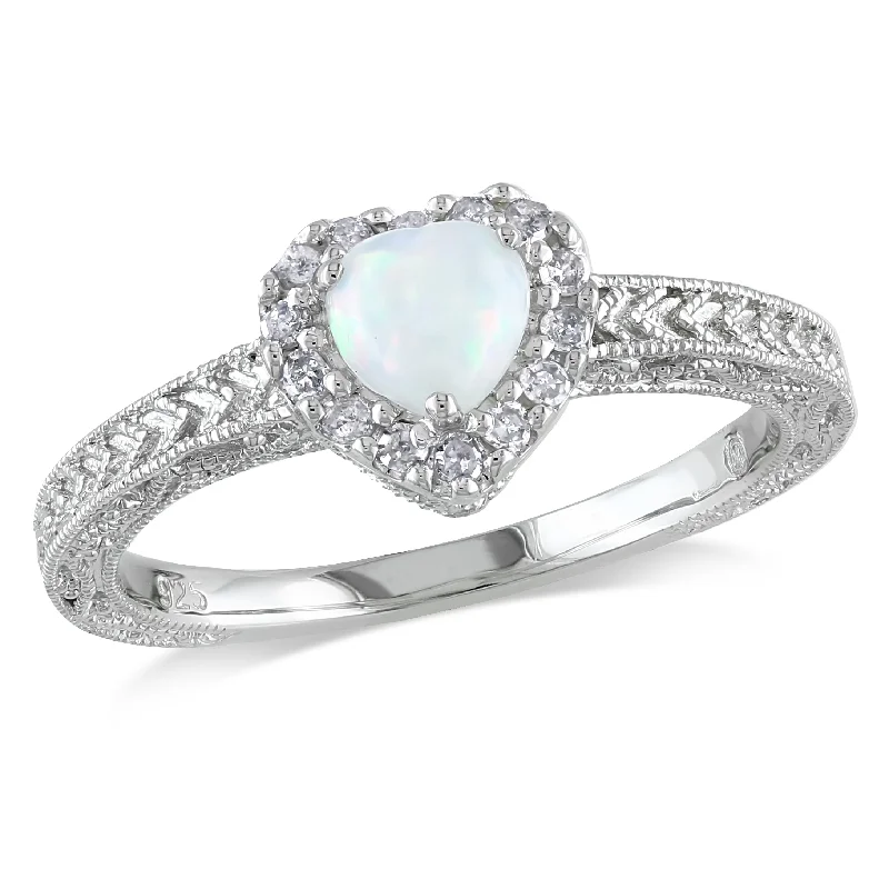 diamond heart engagement rings-Mimi & Max 1/7ct TDW Diamond and Opal Heart Halo Ring in Sterling Silver