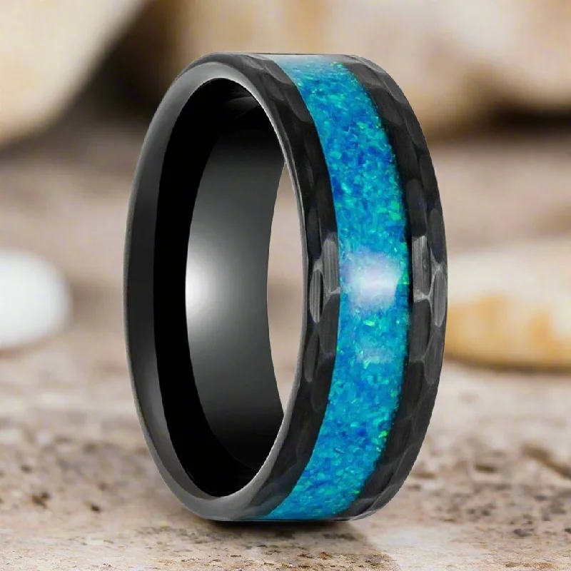 custom birthstone rings for women-TIDAL | Black Tungsten Ring, Hammered, Blue Opal Inlay