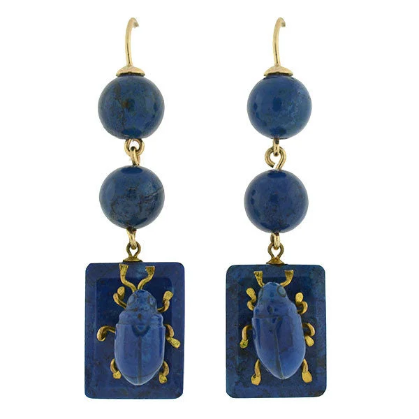 fashion stud earrings for women-Victorian 10kt Carved Sodalite Bug Earrings