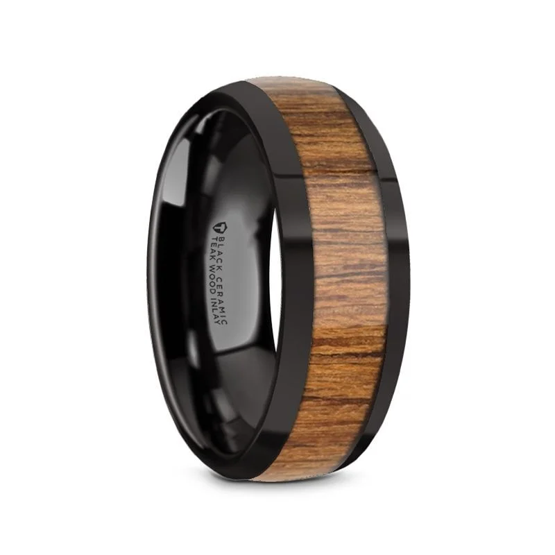 moonstone rings for women-TULIAN | Black Ceramic Ring, Teak Wood Inlay, Domed