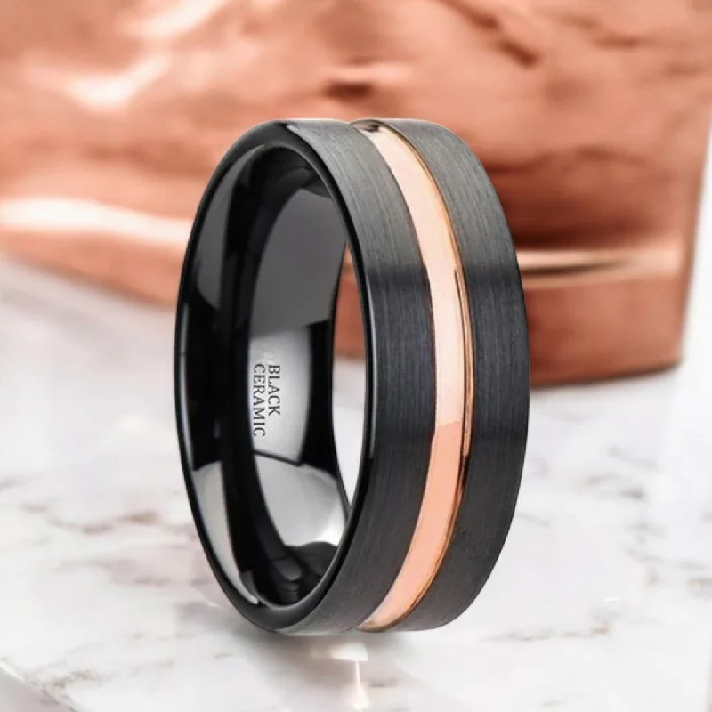 gold diamond rings for women-VENICE | Black Ceramic Ring, Rose Gold Groove, Flat