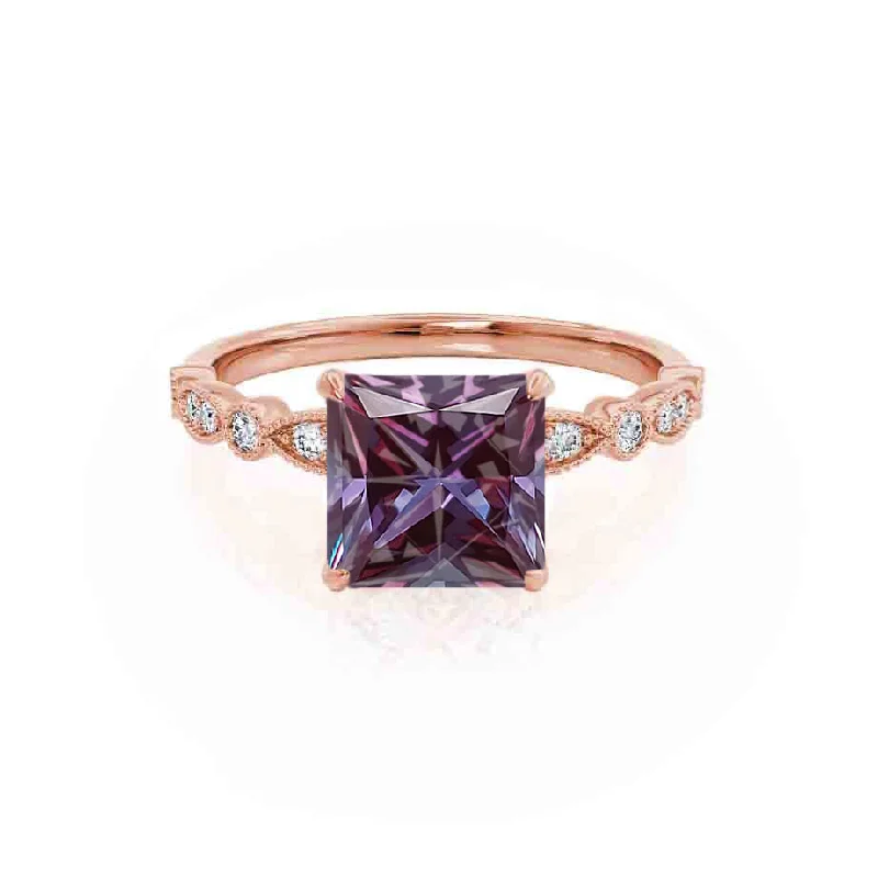 bold engagement rings-HOPE - Chatham® Princess Alexandrite & Diamond 18k Rose Gold Vintage Shoulder Set