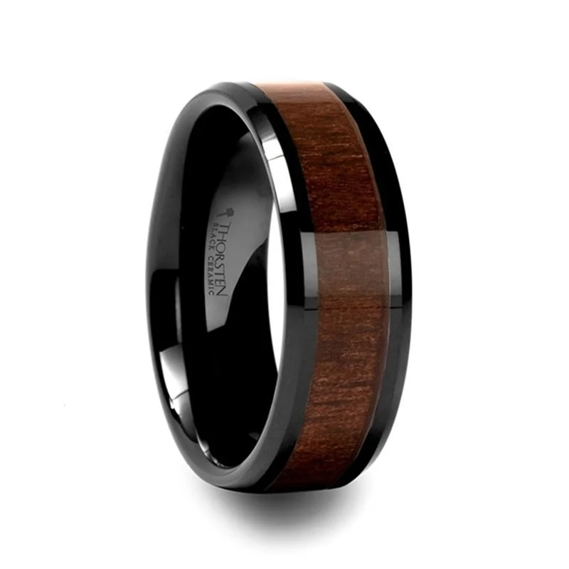 bold rings for women-YUKON | Black Ceramic Ring, Black Walnut Wood Inlay, 10mm, 12mm