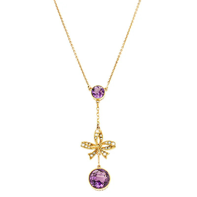 crystal necklaces for women-Vintage 15ct Yellow Gold Amethyst & Seed Pearl Pendant