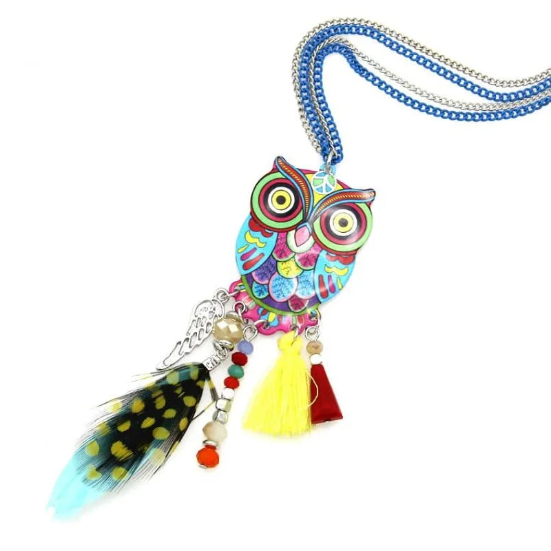 cubic zirconia necklaces for women-Stunning Long Chain Multicolor Owl Pendant Necklaces With Feather Crystal Bead Tassel For Women