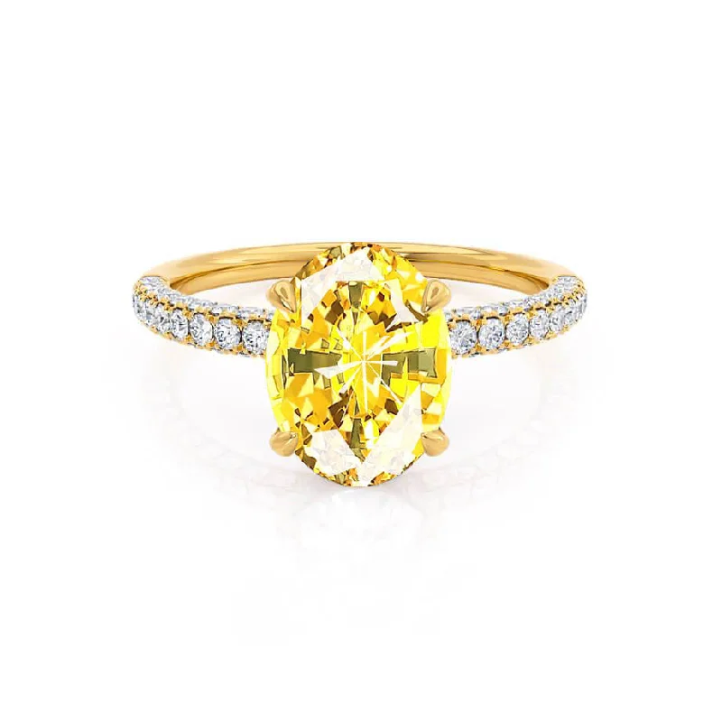 emerald engagement rings-COCO - Chatham® Oval Yellow Sapphire & Diamond 18k Yellow Gold Petite Hidden Halo Triple Pavé Shoulder Set Ring