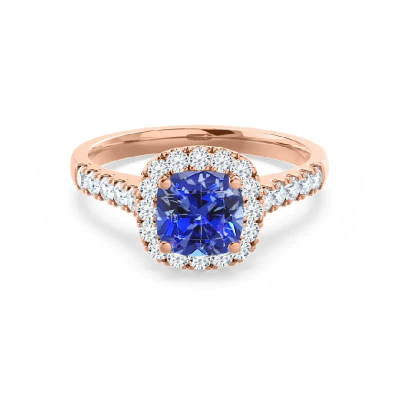 personalized engagement ring sets-OPHELIA - Chatham® Lab Grown Blue Sapphire & Diamond 18K Rose Gold Halo