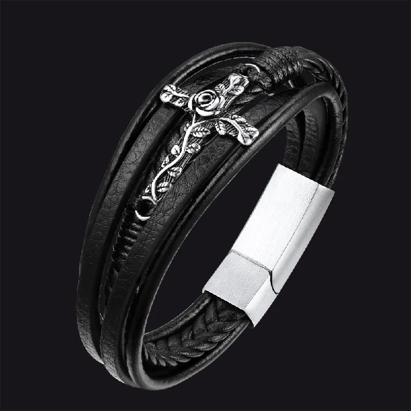 vintage bangles for women-Christian Black Rose Cross Braided Leather Bracelet Gift for Men