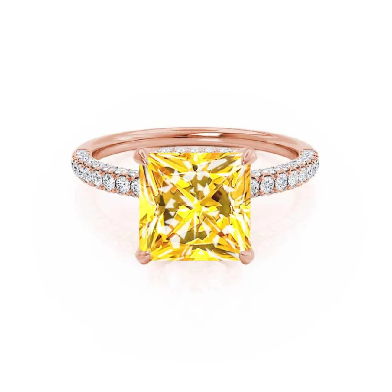 stackable engagement rings-COCO - Chatham® Princess Yellow Sapphire & Diamond 18k Rose Gold Hidden Halo Triple Pavé Shoulder Set