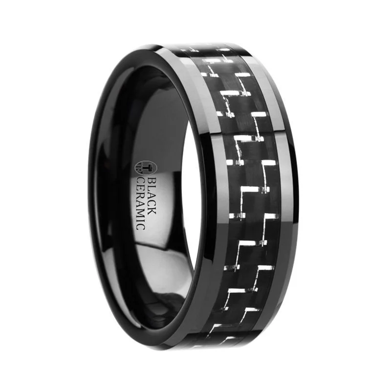 custom rings for women-TITAN | Black Ceramic Ring, Silver & Black Carbon Fiber Inlay, Beveled