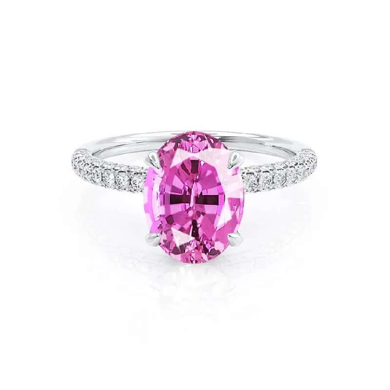 three-stone engagement rings-COCO - Chatham® Oval Pink Sapphire & Diamond 18k White Gold Petite Hidden Halo Triple Pavé Shoulder Set Ring