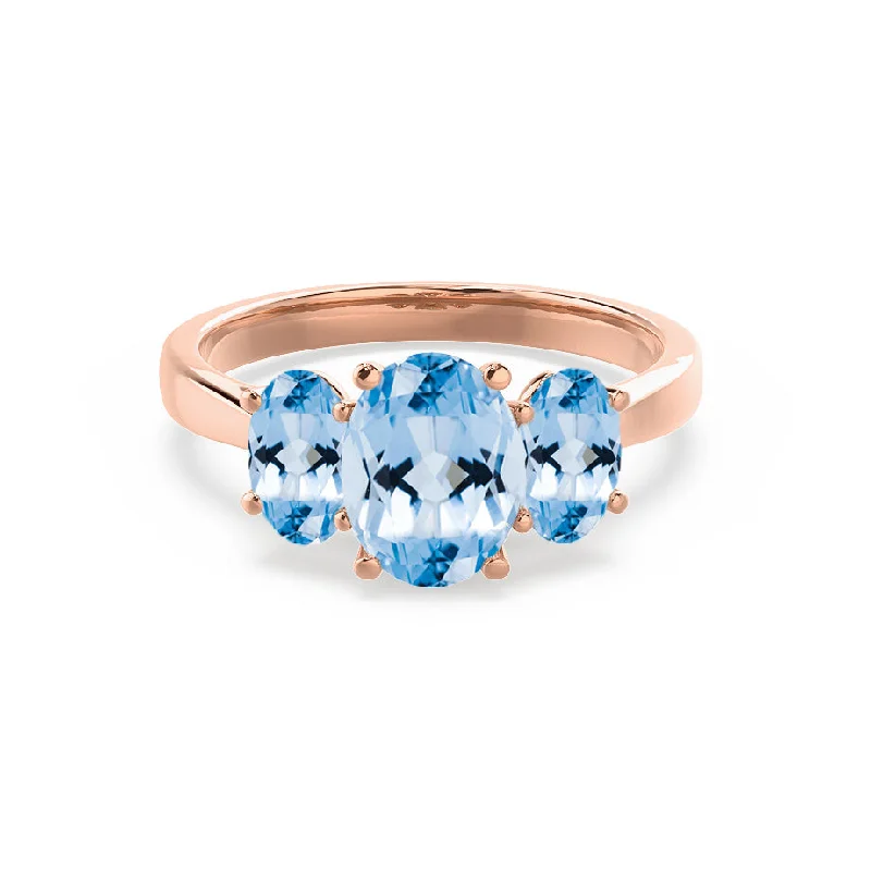 unique wedding engagement rings-EVERDEEN - Chatham® Oval Aqua Spinel 18k Rose Gold Trilogy Ring