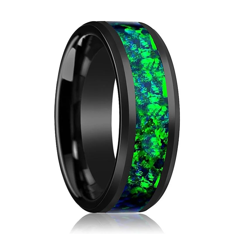 silver engagement rings for women-PULSAR | Black Ceramic Ring, Emerald Green & Sapphire Blue Opal Inlay, Beveled