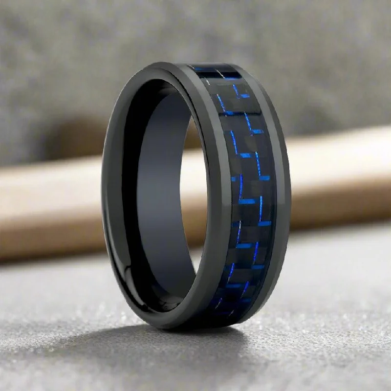 vintage-style rings for women-AVITUS | Black Ceramic Ring, Blue & Black Carbon Fiber Inlay, Beveled