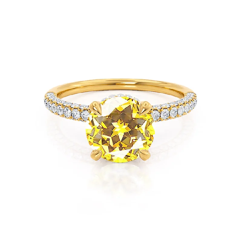 wedding engagement ring sets-COCO- Chatham® Round Yellow Sapphire & Diamond 18k Yellow Gold Petite Hidden Halo Triple Pavé Shoulder Set Ring