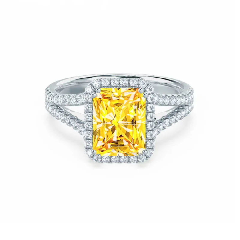 round engagement rings-EVERLY - Chatham® Radiant Yellow Sapphire & Diamond 950 Platinum Split Shank Halo Ring