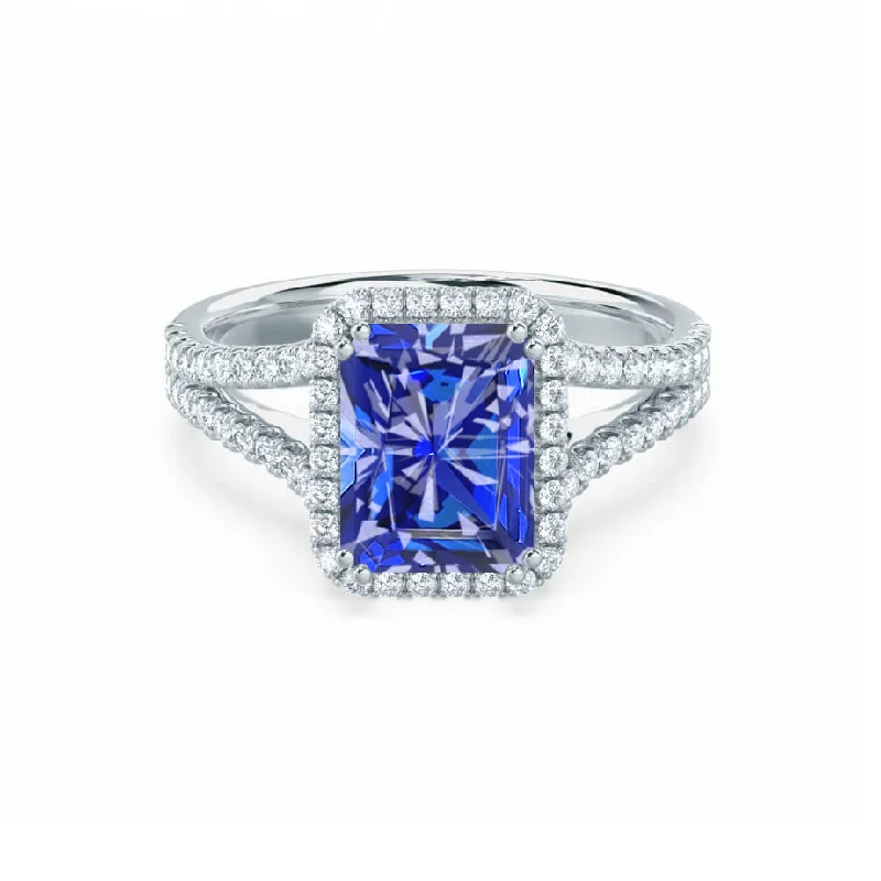 luxury diamond engagement rings-EVERLY - Chatham® Radiant Blue Sapphire & Diamond 950 Platinum Split Shank Halo Ring