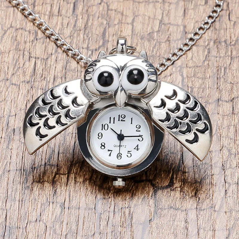 elegant gold necklaces for women-Cute Silver Vintage Night Owl Quartz Pocket Watch Necklace Pendant