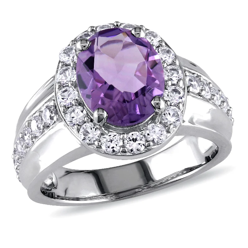 sapphire engagement rings-Mimi & Max 3 3/4ct TGW Oval Cut Amethyst and Created White Sapphire Halo Ring in Sterling Silver