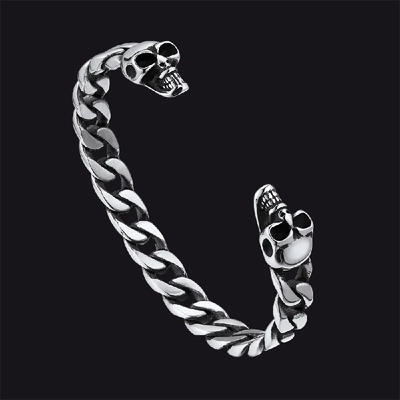 cute charm bracelets for women-Gothic Skull Skeleton Head Cuban Chain Bracelet Cuff for Men