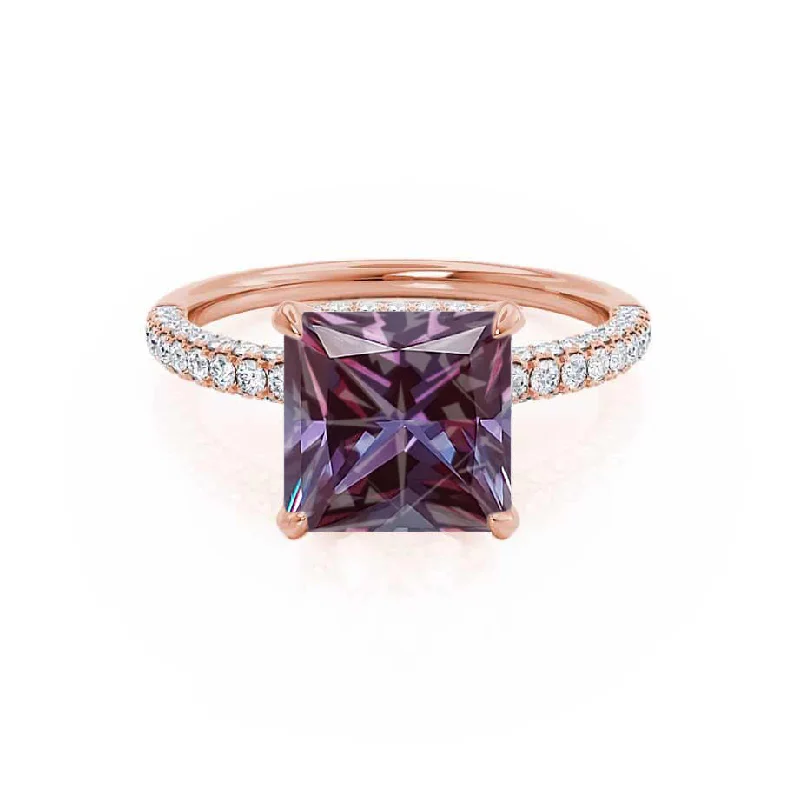 engagement rings with diamonds and sapphires-COCO - Chatham® Princess Alexandrite & Diamond 18k Rose Gold Hidden Halo Triple Pavé Shoulder Set