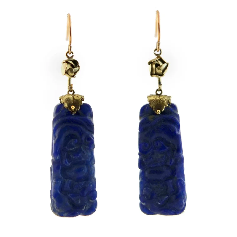 silver drop earrings for women-Late Art Deco Chinese 14kt Carved Sodalite Earrings