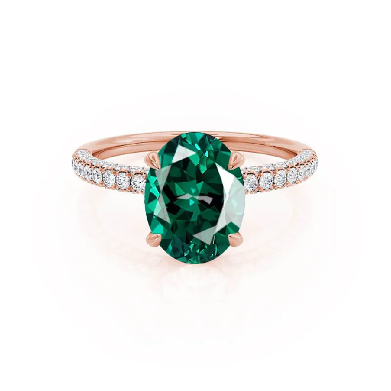 engagement rings with gemstones-COCO - Chatham® Oval Emerald & Diamond 18k Rose Gold Petite Hidden Halo Triple Pavé Shoulder Set Ring