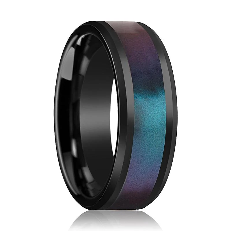 classic rings for women-BARRACUDA | Black Ceramic Ring, Blue & Purple Color Changing Inlay, Beveled