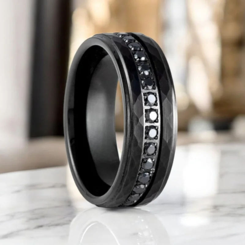 stackable rings for women-VELKARA | Black Tungsten Ring, Diamond Stimulate CZ, Hammered