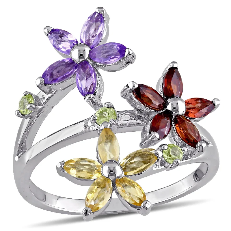 wedding band sets with engagement rings-Mimi & Max Multi Gemstone Triple Flower Ring in Sterling Silver