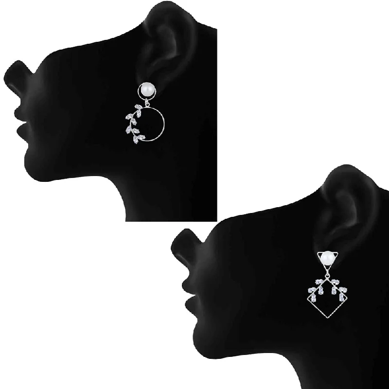 minimalist earrings for women-Mahi Combo of 2 Rhodium Plated Geomatrical Shaped Dangler Earrings for Women (VERCO001048)