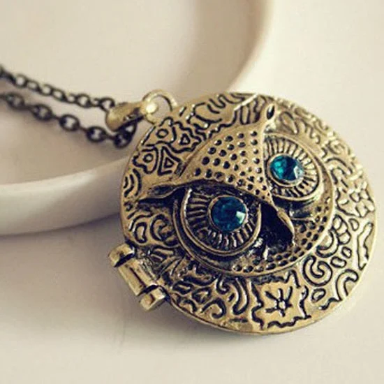 crystal necklaces for women-Occident Retro Vintage Crystal Charms Blue Eye Owl Locket Pendant Necklace - For Women