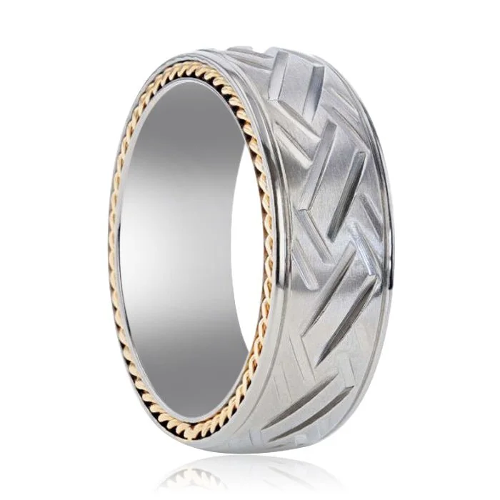 pearl wedding rings for women-SATURN | Titanium Ring Yellow Gold Braided Edges