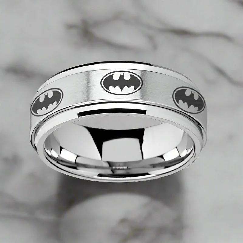 elegant rings for women-VIGILANTE | Silver Tungsten Ring, Fidget Spinner, Laser Engraved Batmen, Beveled