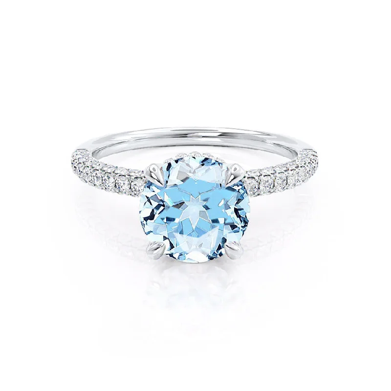 diamond wedding engagement rings-COCO- Chatham® Round Aqua Spinel & Diamond 950 Platinum Petite Hidden Halo Triple Pavé Shoulder Set Ring