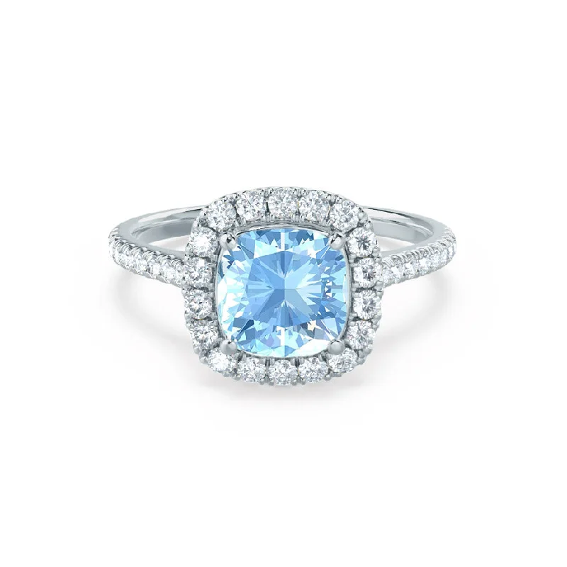 custom wedding engagement rings-VIOLETTE - Chatham® Cushion Aqua Spinel & Diamond 950 Platinum Petite Halo Ring