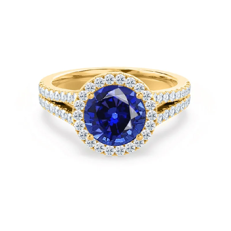 floral engagement rings-AMELIA - Chatham® Lab Grown Blue Sapphire & Diamond 18k Yellow Gold Halo Ring