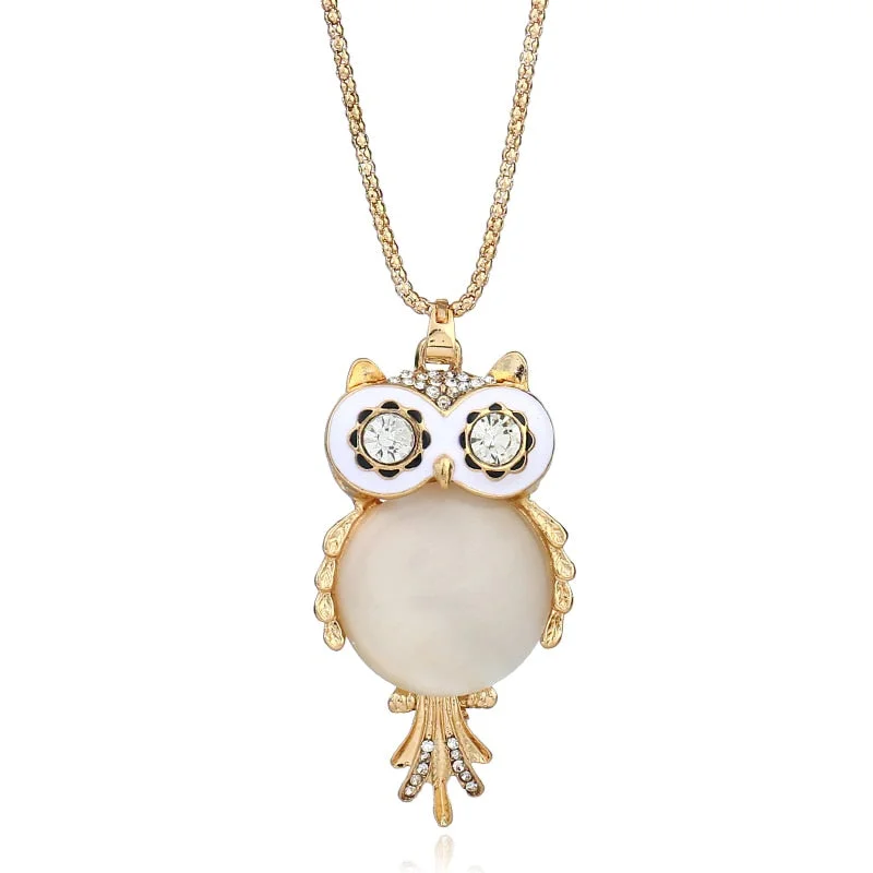 gemstone pendants for women-Eye Catching Clear Rhinestone Glass Beads Owl Necklace - Gold Color