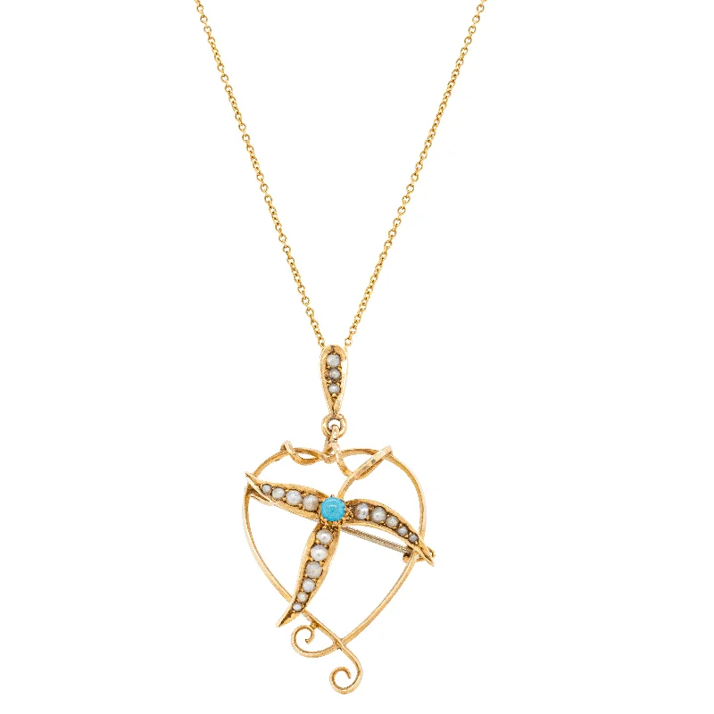 chic necklaces for women-Vintage 15ct Yellow Gold Turquoise & Seed Pearl Heart Pendant