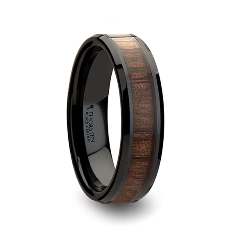 vintage gold rings for women-YUKON | Black Ceramic Ring, Black Walnut Wood Inlay, Beveled, 4mm, 6mm, 8mm