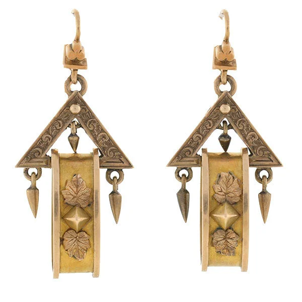 chunky gold earrings for women-Victorian 15kt Gold Dangling Triangle & Hoop Earrings