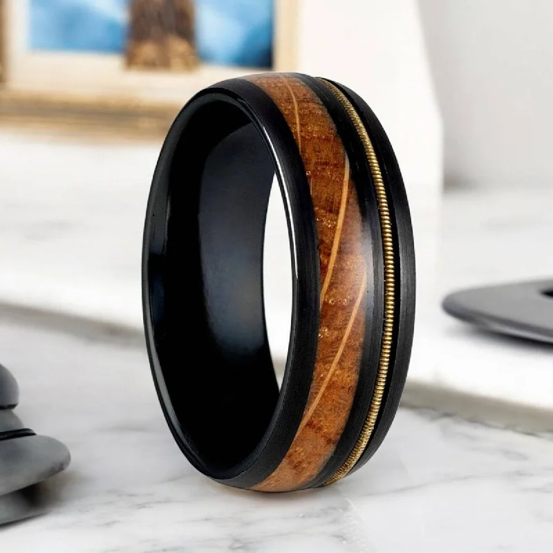 personalized rings for women-RIFFSON | Black Tungsten Ring, Whiskey Barrel and Guitar String Inlay, Domed