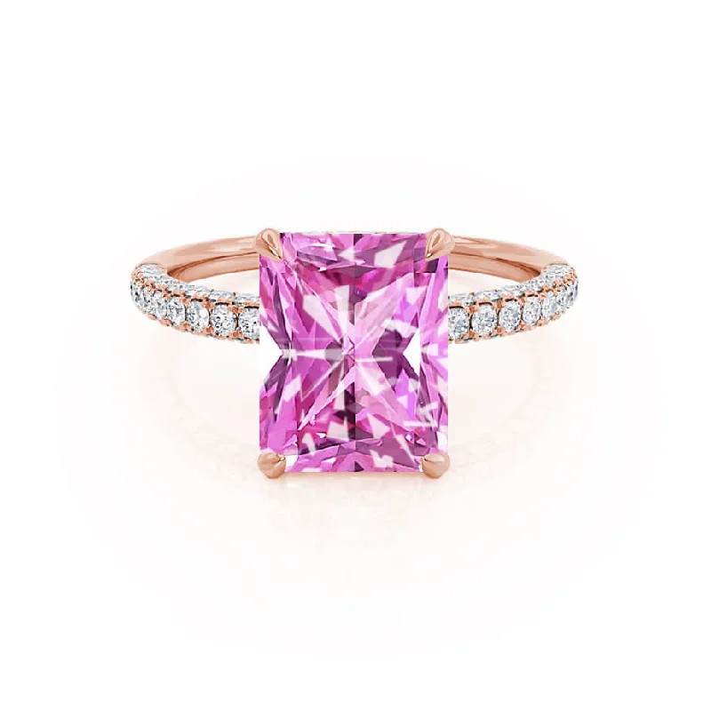 art deco engagement rings-COCO - Chatham® Radiant Pink Sapphire & Diamond 18k Rose Gold Petite Hidden Halo Triple Pavé Shoulder Set Ring