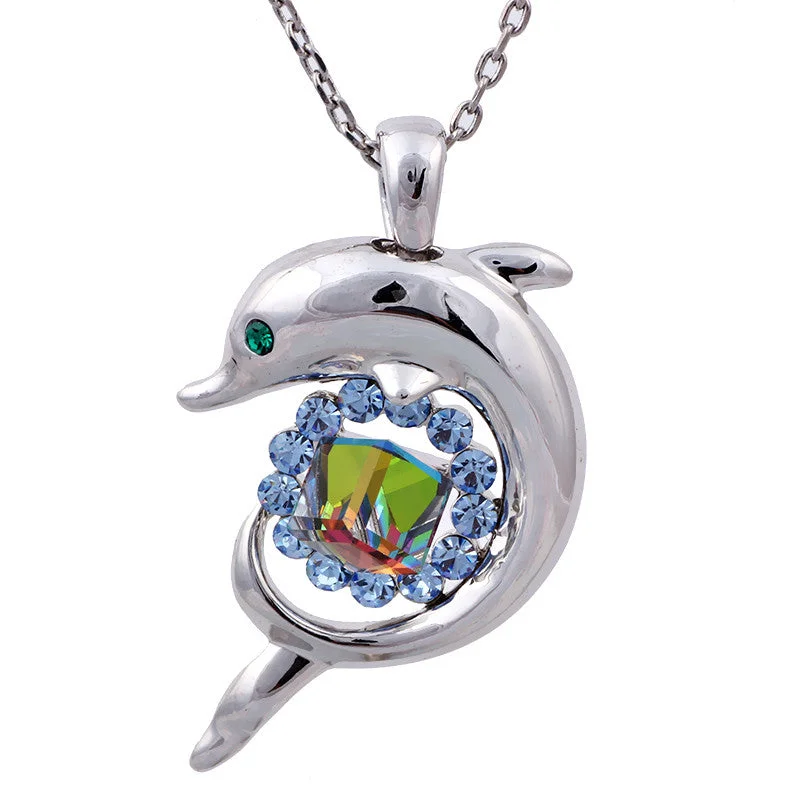 statement piece necklaces for women-Stunning Silver Plated Crystal Dolphin Necklace and Pendant