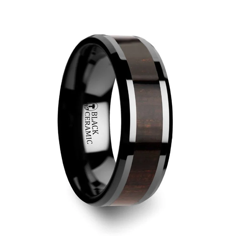 trendy engagement rings for women-UMBRA | Black Ceramic Ring, Ebony Wood Inlay, Beveled