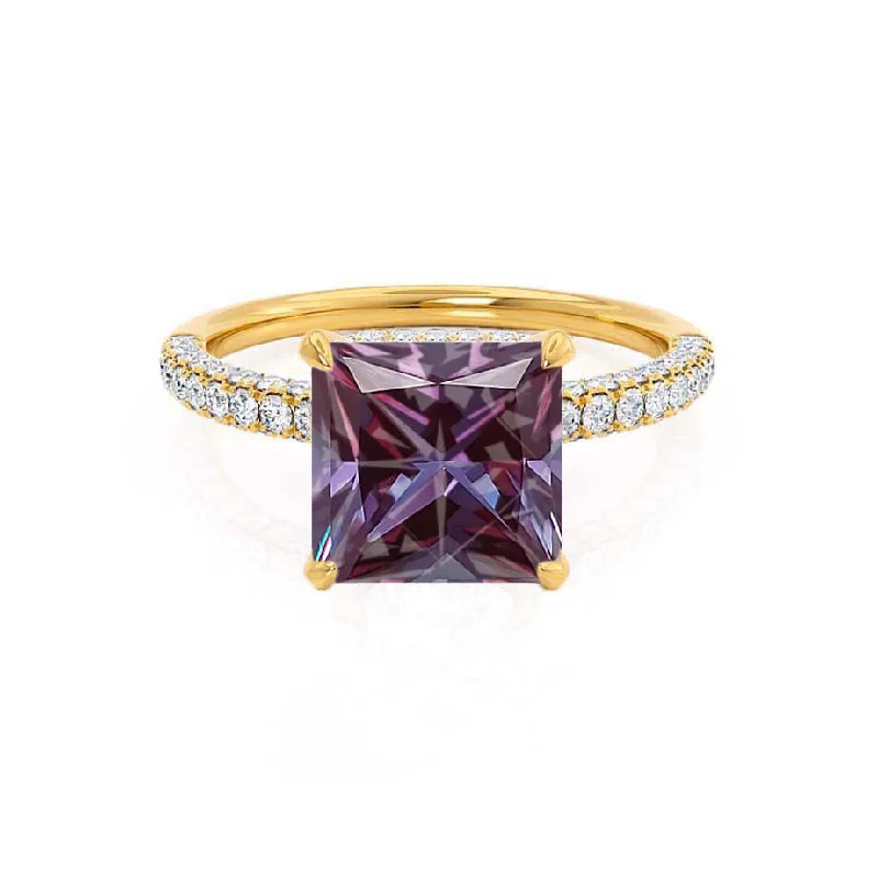 engagement rings for women-COCO - Chatham® Princess Alexandrite & Diamond 18k Yellow Gold Hidden Halo Triple Pavé Shoulder Set